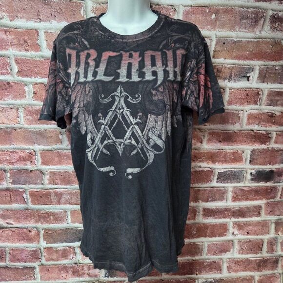Affliction Archaic Gray Distressed Graphic Tee Medium Short Sleeve Crew Neck USA - Picture 1 of 10